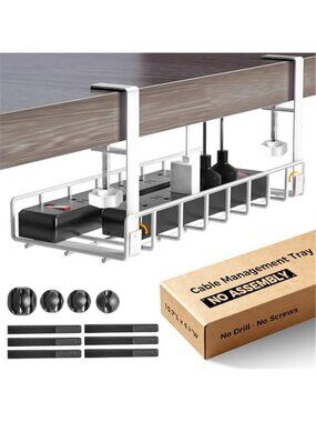 Under Desk Cable Management Tray No Drill Wire Organizer Cord Rack White Metal
